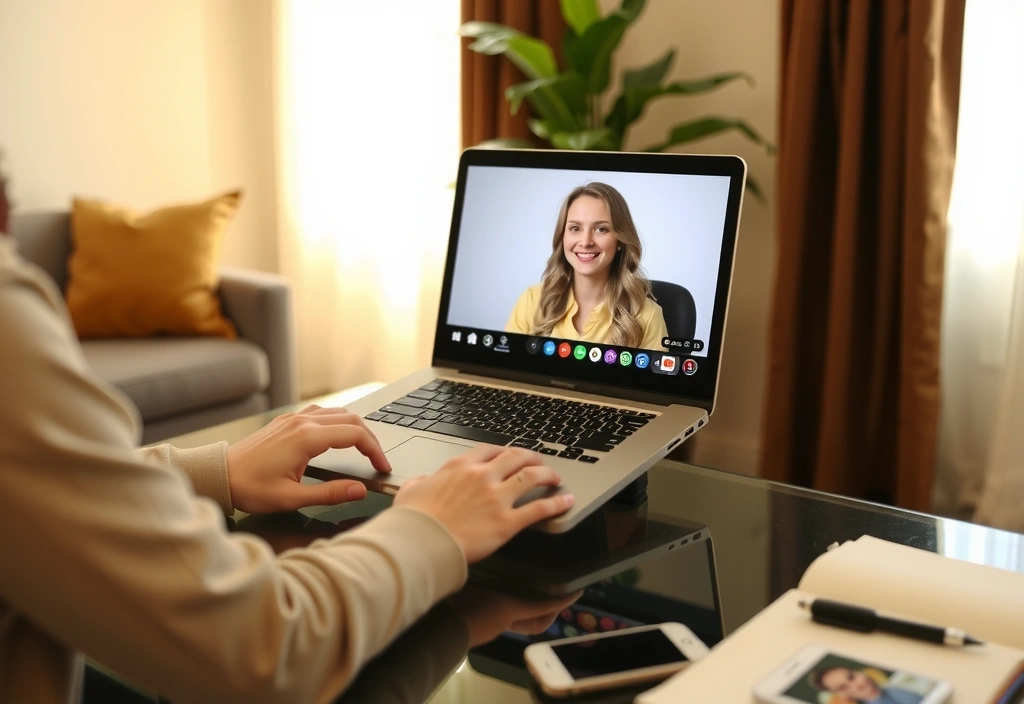 Eine Person führt einen Online-Videoanruf auf einem Laptop mit einer Ernährungsberaterin, die lächelt. Der Laptop steht auf einem Schreibtisch in einer gemütlichen Umgebung. Die Szene vermittelt Einfachheit und Komfort.