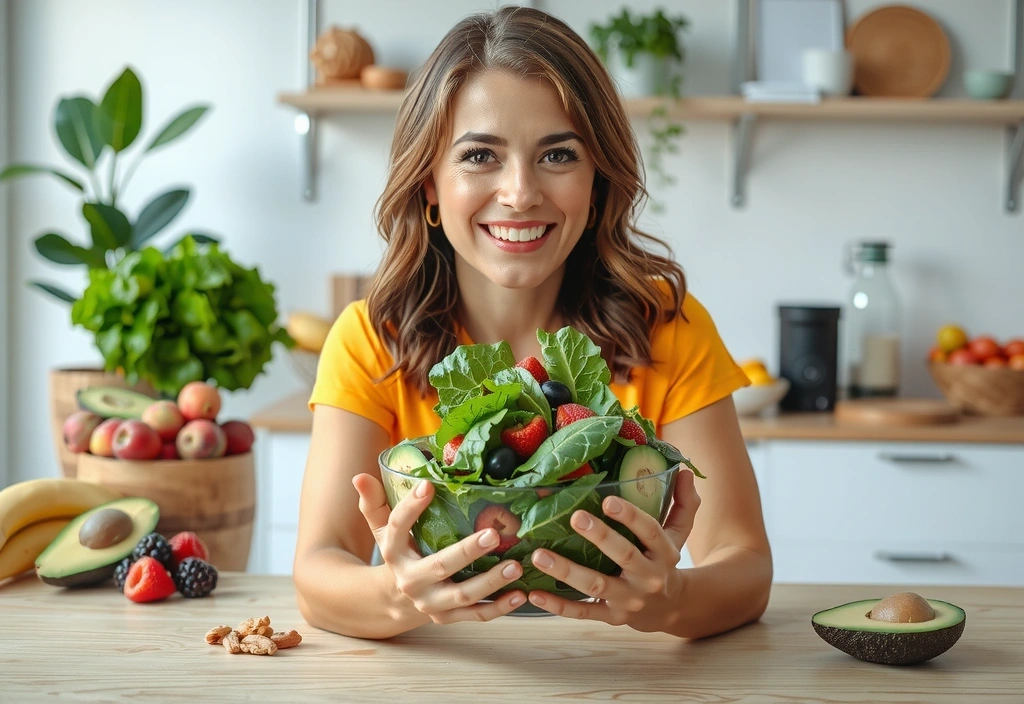 Eine glückliche Frau, die einen frischen Salat genießt, umgeben von gesunden Zutaten wie Obst und Gemüse.